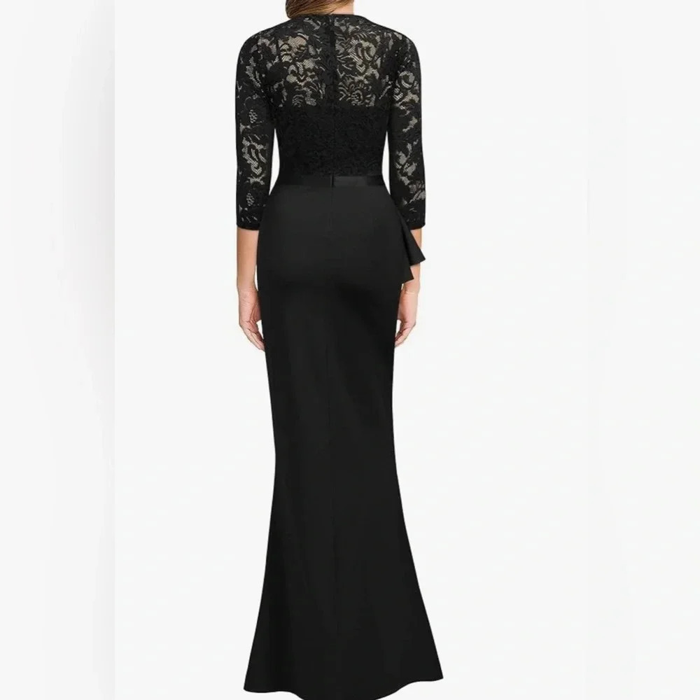 MISSMY Black V Neckline Maxi Fishtail Large 3/4th Sleeves Wedding Prom Gown - Picture 3 of 10
